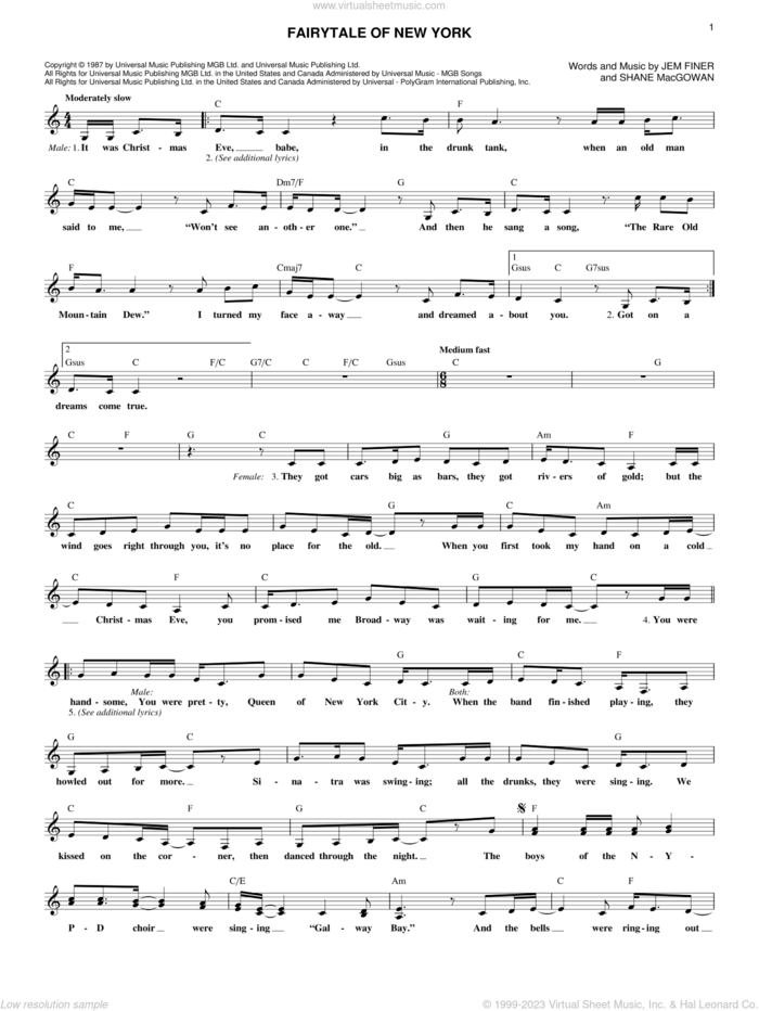 Fairytale Of New York sheet music for voice and other instruments (fake book) by The Pogues & Kirsty MacColl, Kirsty MacColl, The Pogues, The Pogues featuring Kirsty MacColl, Jeremy Finer and Shane MacGowan, intermediate skill level