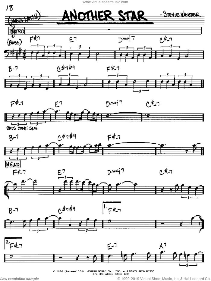 Another Star sheet music for voice and other instruments (bass clef) by Stevie Wonder, intermediate skill level