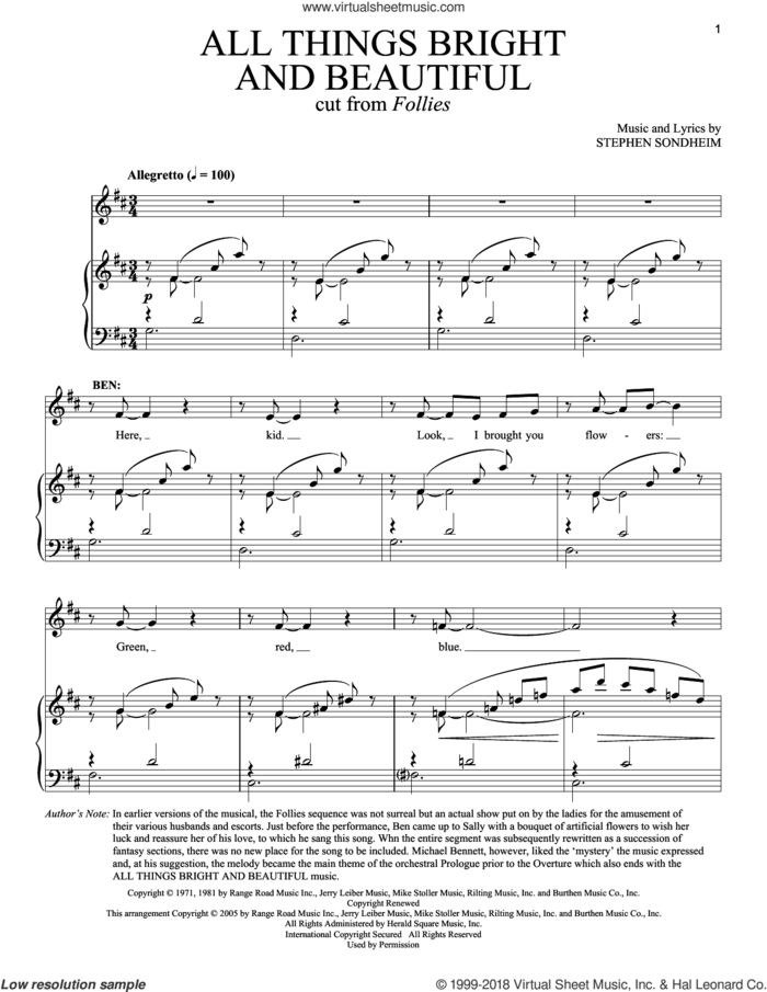 All Things Bright And Beautiful sheet music for two voices and piano by Stephen Sondheim, intermediate skill level