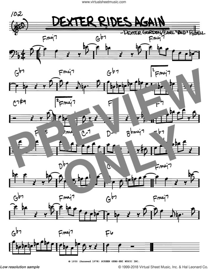 Dexter Rides Again sheet music for voice and other instruments (bass clef) by Dexter Gordon and Bud Powell, intermediate skill level