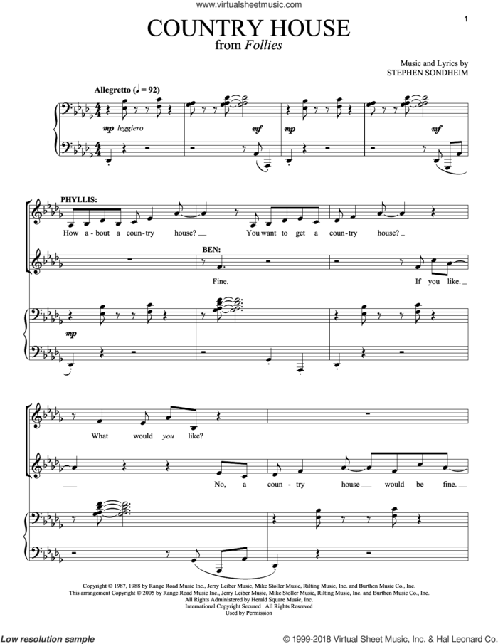Country House (1987) sheet music for two voices and piano by Stephen Sondheim, intermediate skill level