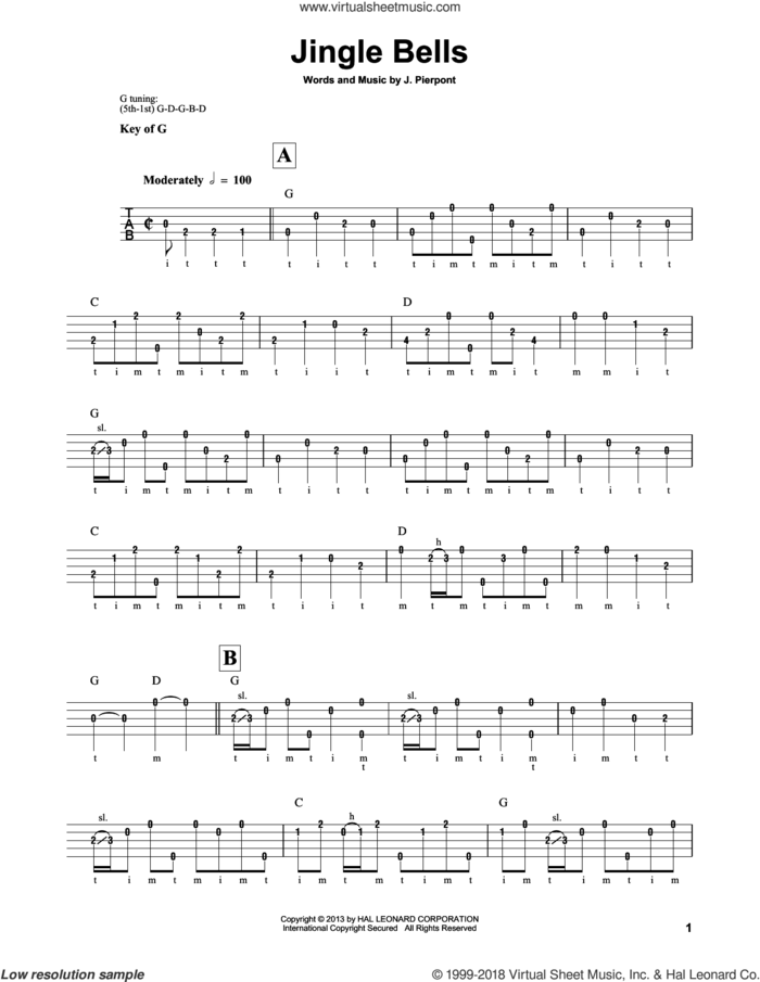 Jingle Bells sheet music for banjo solo by James Pierpont, intermediate skill level