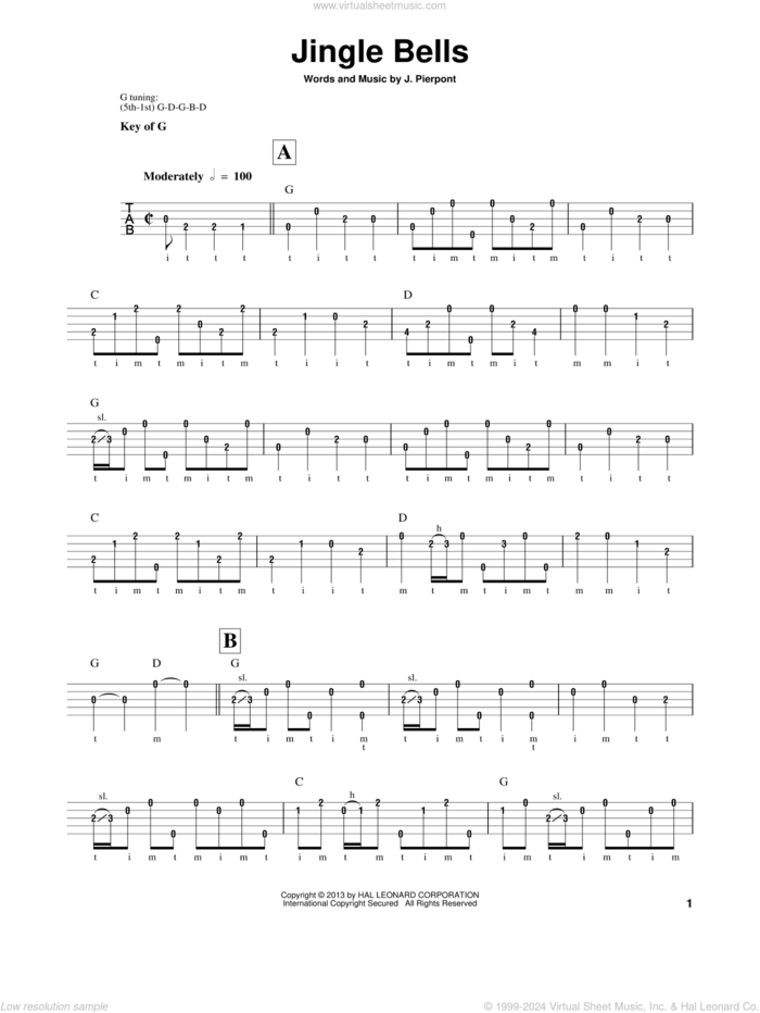 Jingle Bells sheet music for banjo solo by James Pierpont, intermediate skill level