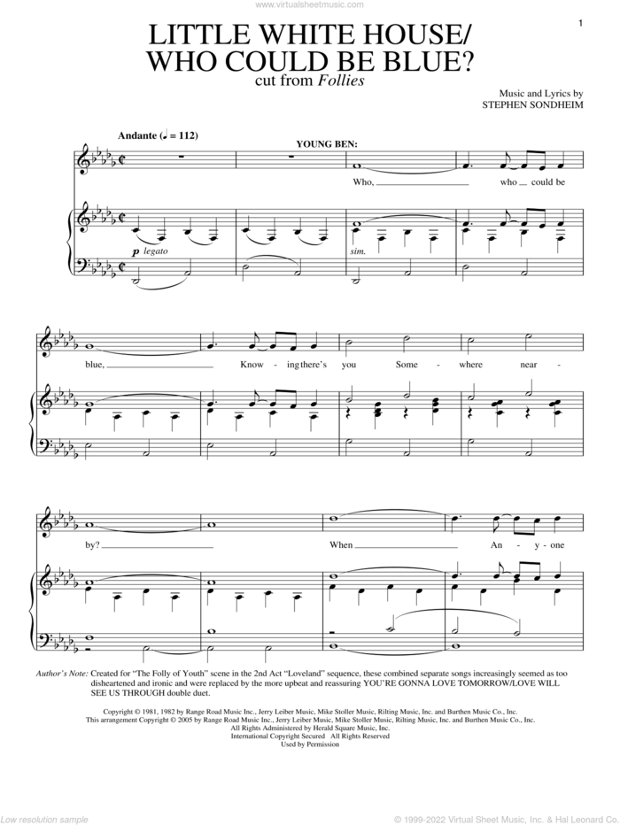 Little White House/Who Could Be Blue? sheet music for two voices and piano by Stephen Sondheim, intermediate skill level
