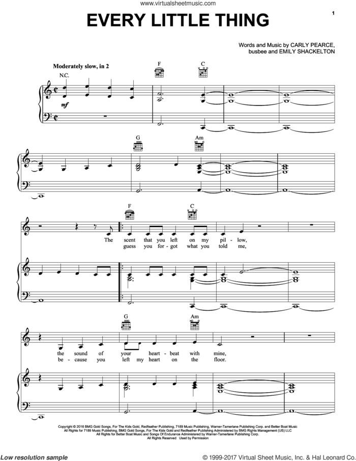Every Little Thing sheet music for voice, piano or guitar by Carly Pearce, busbee and Emily Shackelton, intermediate skill level