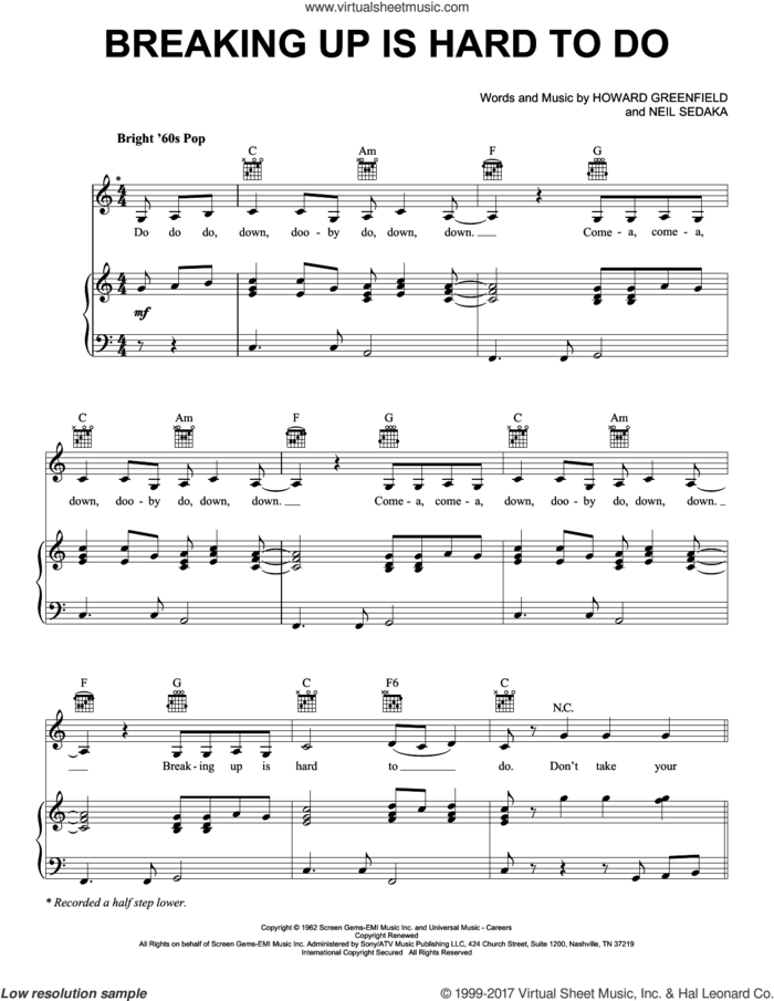 Breaking Up Is Hard To Do sheet music for voice, piano or guitar by Neil Sedaka, Partridge Family and Howard Greenfield, intermediate skill level