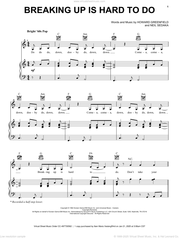 Breaking Up Is Hard To Do sheet music for voice, piano or guitar by Neil Sedaka, Partridge Family and Howard Greenfield, intermediate skill level