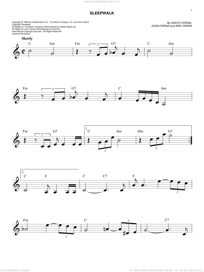 Sleepwalk (Instrumental Version) sheet music for voice and other instruments (fake book) by Santo & Johnny, Ann Farina, John Farina and Santo Farina, easy skill level
