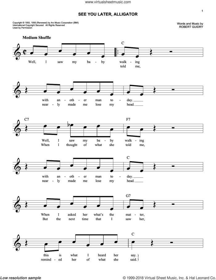 See You Later, Alligator sheet music for voice and other instruments (fake book) by Bill Haley & His Comets and Robert Guidry, easy skill level