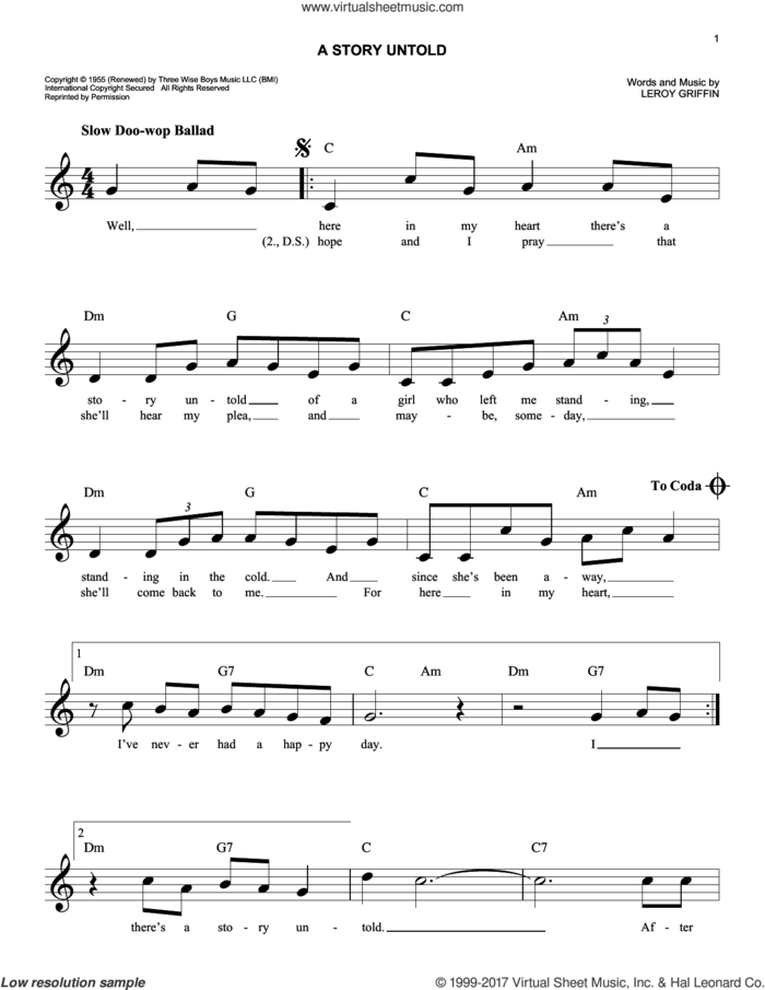 A Story Untold sheet music for voice and other instruments (fake book) by Leroy Griffin, easy skill level