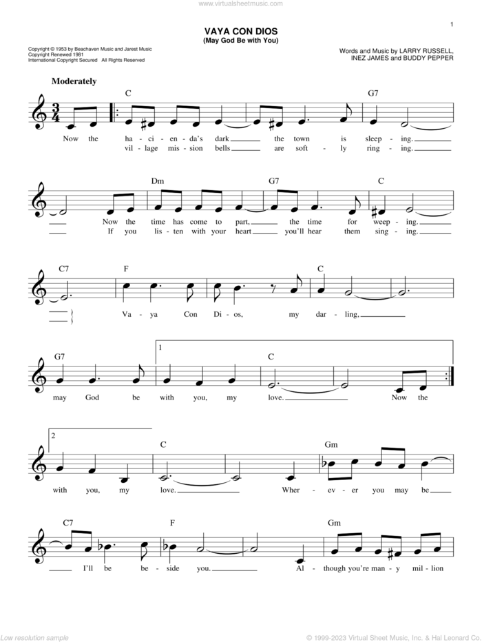 Vaya Con Dios (May God Be With You) sheet music for voice and other instruments (fake book) by Les Paul & Mary Ford, Freddy Fender, Buddy Pepper, Inez James and Larry Russell, easy skill level