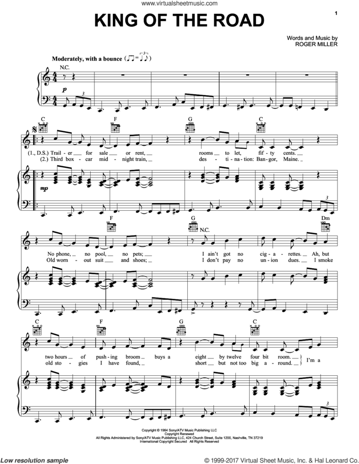 King Of The Road sheet music for voice, piano or guitar by Roger Miller and Randy Travis, intermediate skill level