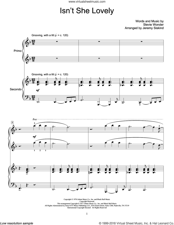 Isn't She Lovely sheet music for piano four hands by Stevie Wonder and Jeremy Siskind, intermediate skill level