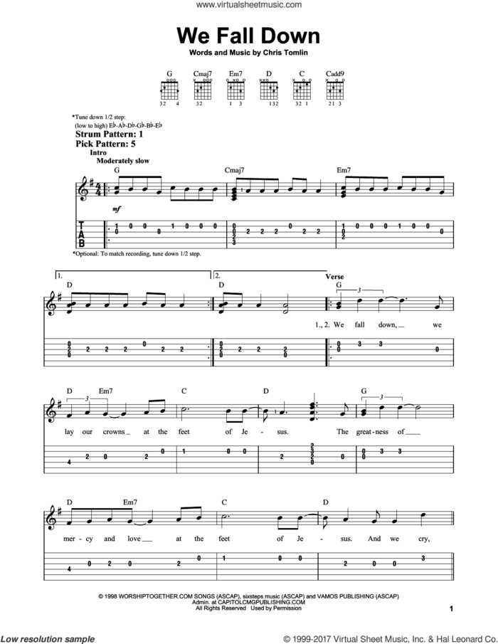We Fall Down sheet music for guitar solo (easy tablature) by Chris Tomlin, Kutless and Passion, easy guitar (easy tablature)