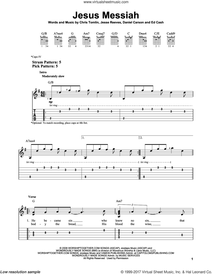 Jesus Messiah sheet music for guitar solo (easy tablature) by Chris Tomlin, Daniel Carson, Ed Cash and Jesse Reeves, easy guitar (easy tablature)