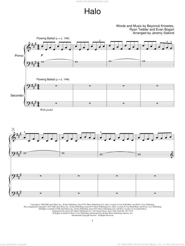 Halo sheet music for piano four hands by Beyonce, Beyonce Knowles, Evan Bogart and Ryan Tedder, intermediate skill level