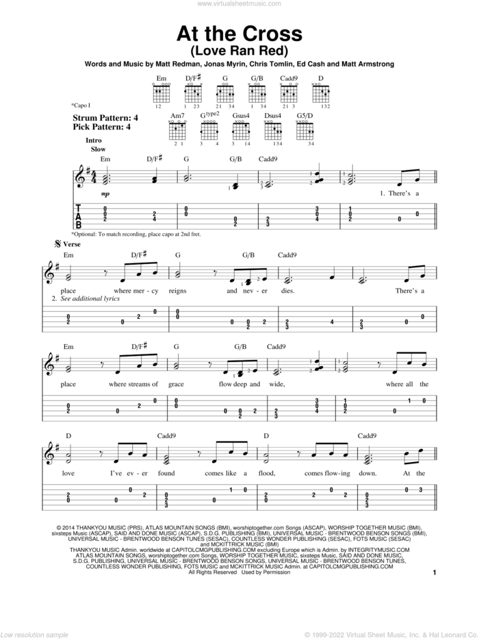 At The Cross (Love Ran Red) sheet music for guitar solo (easy tablature) by Chris Tomlin, Ed Cash, Jonas Myrin, Matt Armstrong and Matt Redman, easy guitar (easy tablature)