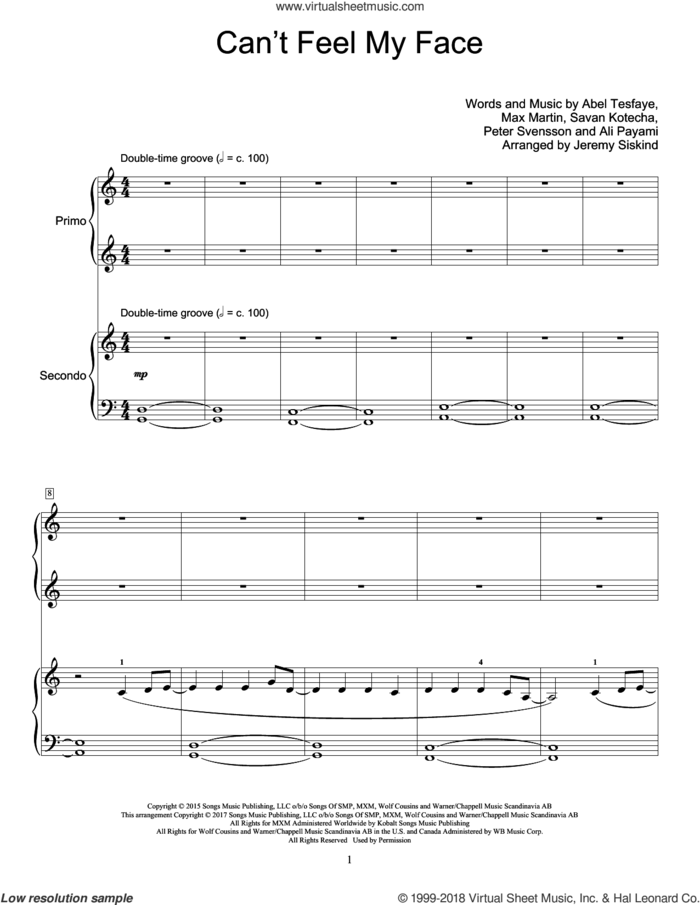 Can't Feel My Face sheet music for piano four hands by The Weeknd, Jeremy Siskind, Abel Tesfaye, Ali Payami, Max Martin, Peter Svensson and Savan Kotecha, intermediate skill level
