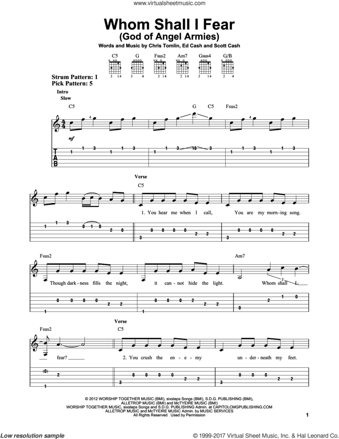 Whom Shall I Fear (God Of Angel Armies) sheet music for guitar solo (easy tablature) by Chris Tomlin, Ed Cash and Scott Cash, easy guitar (easy tablature)