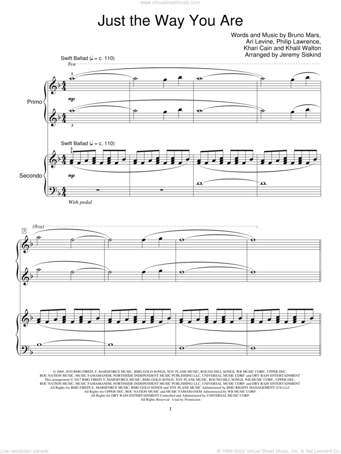 Just The Way You Are sheet music for piano four hands by Bruno Mars, Jeremy Siskind, Ari Levine, Khalil Walton, Khari Cain and Philip Lawrence, wedding score, intermediate skill level
