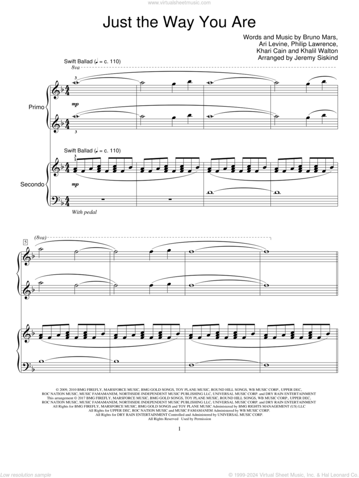 Just The Way You Are sheet music for piano four hands by Bruno Mars, Jeremy Siskind, Ari Levine, Khalil Walton, Khari Cain and Philip Lawrence, wedding score, intermediate skill level