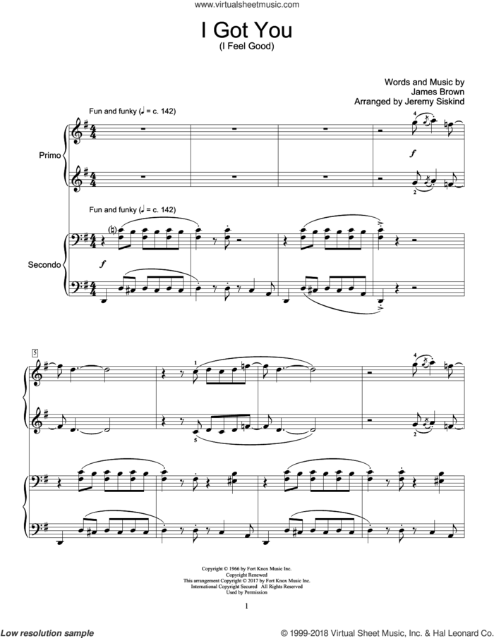 I Got You (I Feel Good) sheet music for piano four hands by James Brown, intermediate skill level
