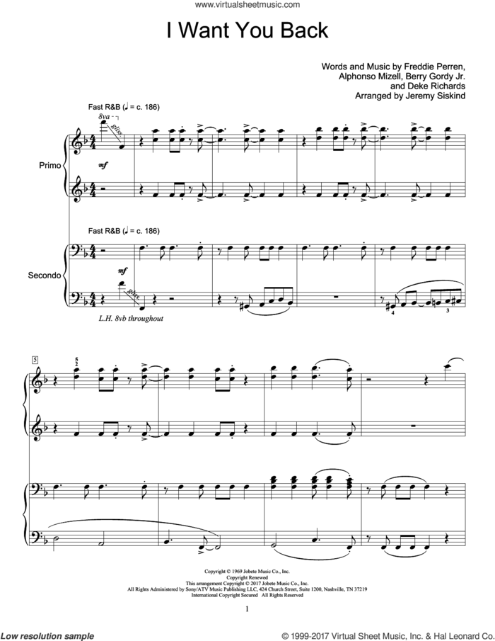I Want You Back sheet music for piano four hands by The Jackson 5, Jeremy Siskind, Alphonso Mizell, Berry Gordy Jr., Deke Richards and Frederick Perren, intermediate skill level
