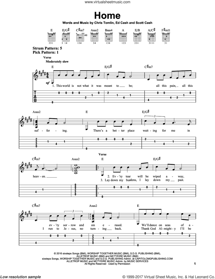 Home sheet music for guitar solo (easy tablature) by Chris Tomlin, Ed Cash and Scott Cash, easy guitar (easy tablature)