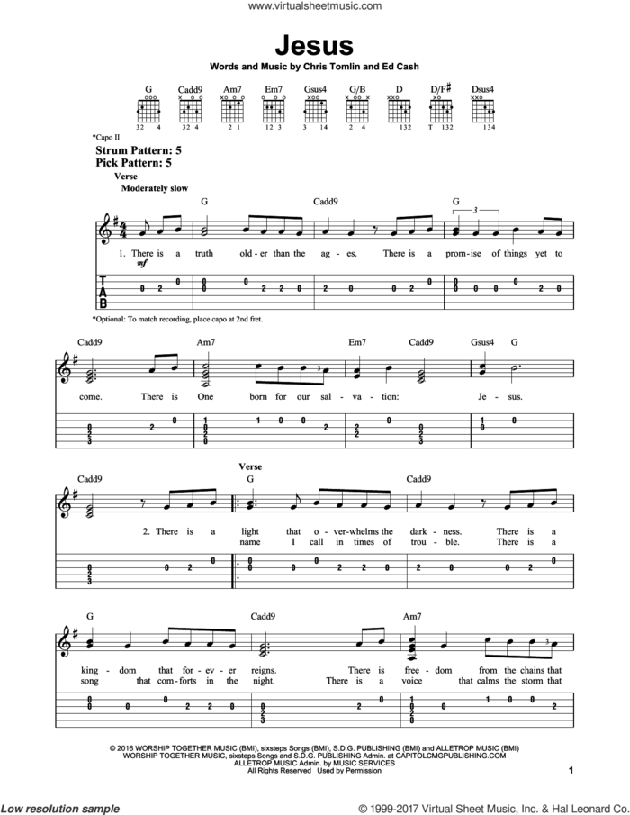 Jesus sheet music for guitar solo (easy tablature) by Chris Tomlin and Ed Cash, easy guitar (easy tablature)