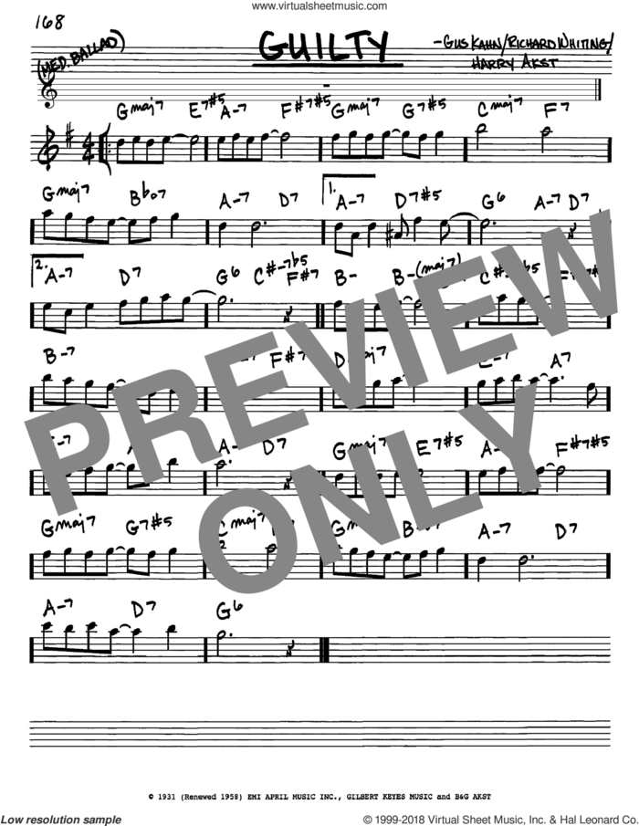 Guilty sheet music for voice and other instruments (in Eb) by Gus Kahn, Harry Akst and Richard A. Whiting, intermediate skill level