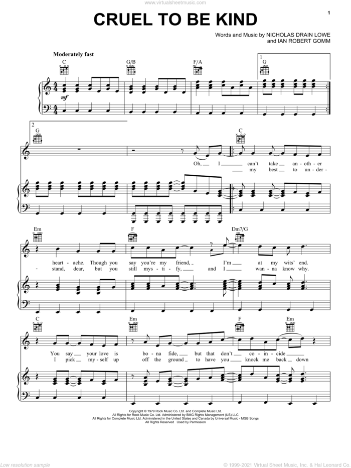 Cruel To Be Kind sheet music for voice, piano or guitar by Nick Lowe, Ian Robert Gomm and Nicholas Drain Lowe, intermediate skill level