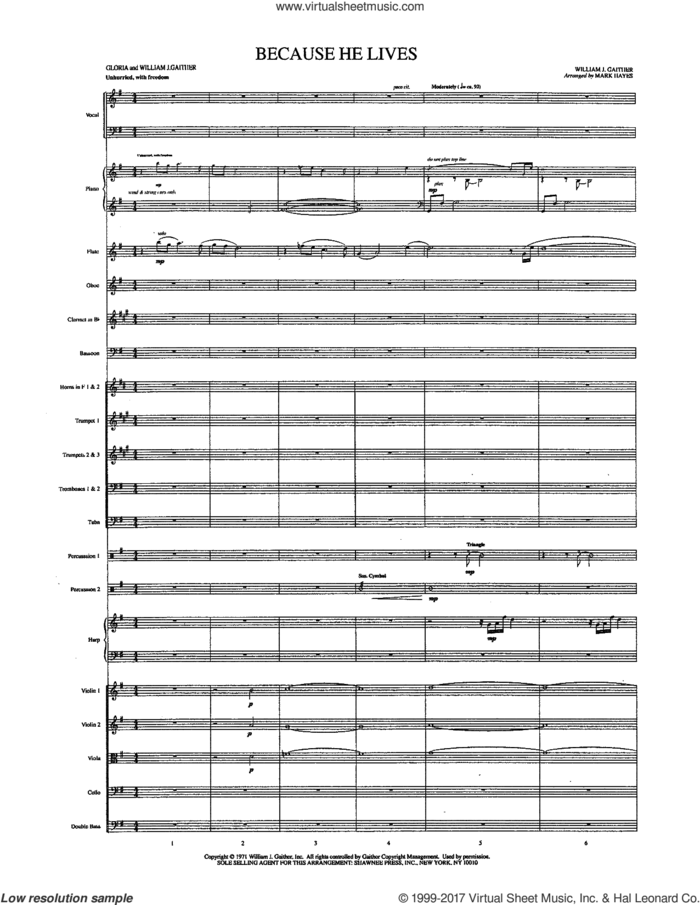 Because He Lives (COMPLETE) sheet music for orchestra/band by Mark Hayes, Gloria Gaither and William J. Gaither, intermediate skill level