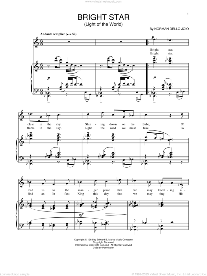 Bright Star sheet music for voice and piano by Norman Dello Joio, intermediate skill level