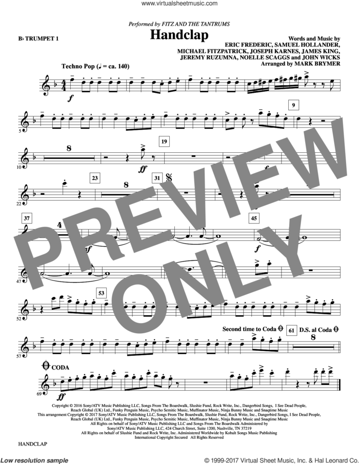 HandClap (arr. Mark Brymer) (complete set of parts) sheet music for orchestra/band by Mark Brymer, Eric Frederic, Fitz And The Tantrums, James King, Jeremy Ruzumna, John Wicks, Joseph Karnes, Michael Fitzpatrick, Noelle Scaggs and Sam Hollander, intermediate skill level