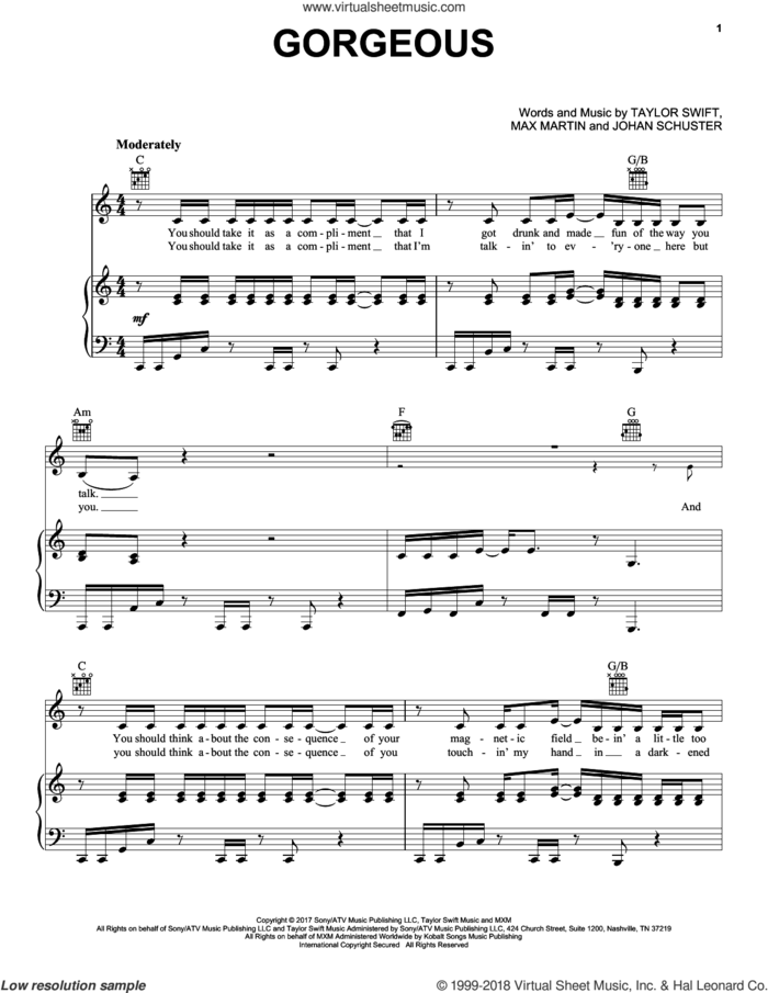 Gorgeous sheet music for voice, piano or guitar by Taylor Swift, Johan Schuster and Max Martin, intermediate skill level