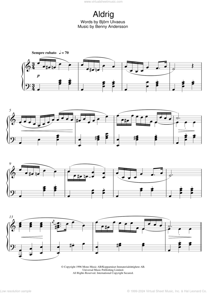 Aldrig sheet music for piano solo by Benny Andersson, intermediate skill level