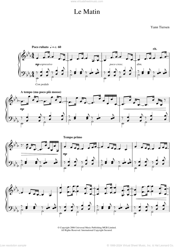 Le Matin sheet music for piano solo by Yann Tiersen, classical score, intermediate skill level