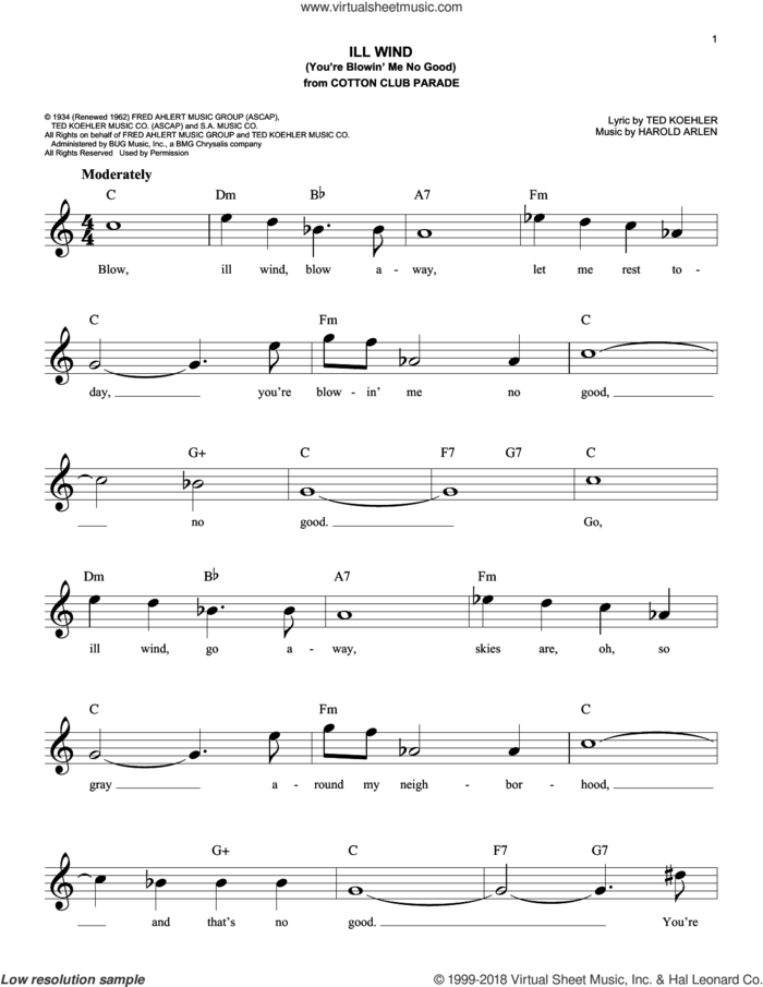 Ill Wind (You're Blowin' Me No Good) sheet music for voice and other instruments (fake book) by Harold Arlen and Ted Koehler, easy skill level