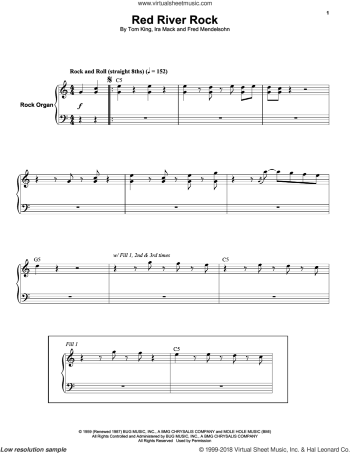 Red River Rock sheet music for keyboard or piano by Johnny & The Hurricanes, Fred Mendelsohn, Ira Mack and Tom King, intermediate skill level