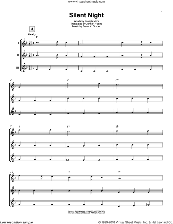 Silent Night sheet music for ukulele ensemble by Franz Gruber, Susan Boyle, John F. Young and Joseph Mohr, intermediate skill level