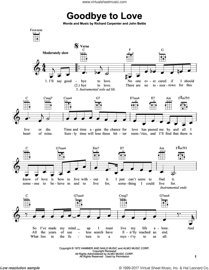 Goodbye To Love sheet music for ukulele by Carpenters, John Bettis and Richard Carpenter, intermediate skill level