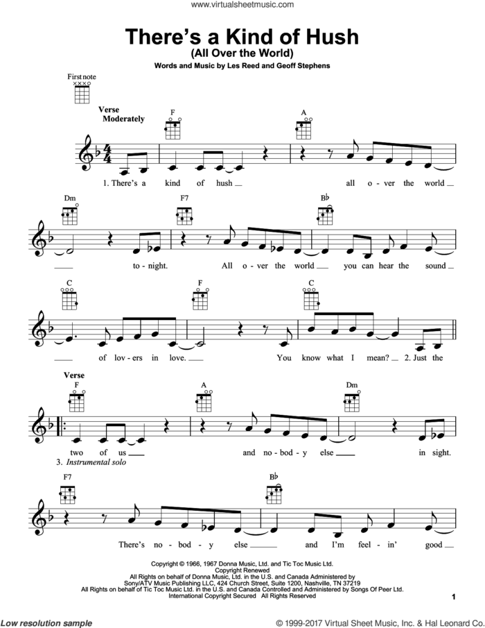There's A Kind Of Hush (All Over The World) sheet music for ukulele by Les Reed, Carpenters and Geoff Stephens, intermediate skill level