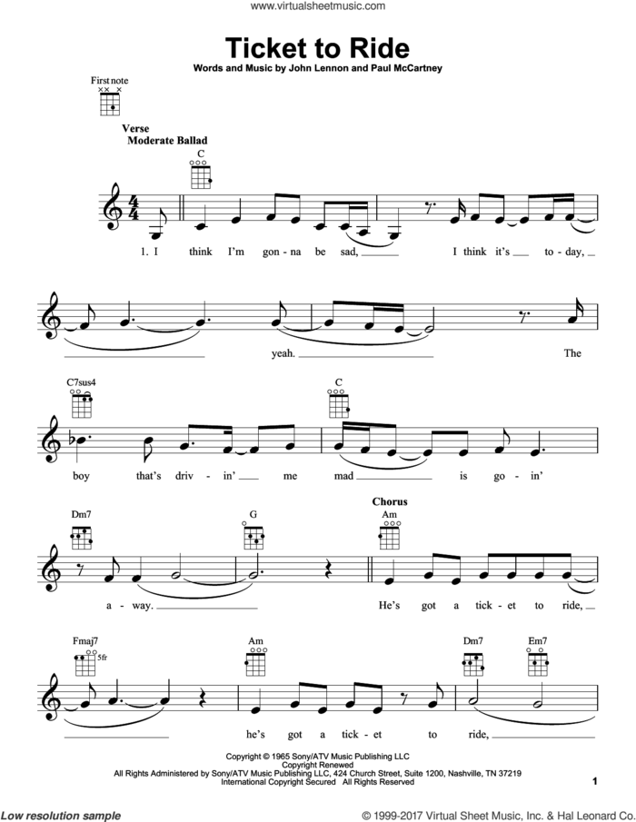 Ticket To Ride sheet music for ukulele by Paul McCartney, Carpenters and John Lennon, intermediate skill level