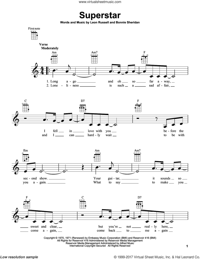 Superstar sheet music for ukulele by Leon Russell, Carpenters and Bonnie Sheridan, intermediate skill level