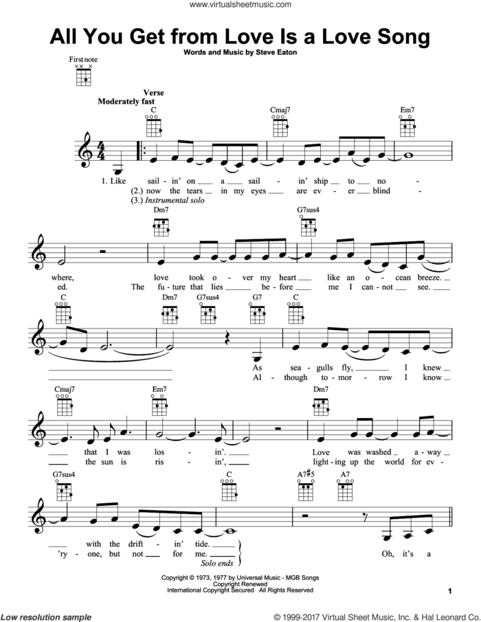All You Get From Love Is A Love Song sheet music for ukulele by Carpenters and Steve Eaton, intermediate skill level