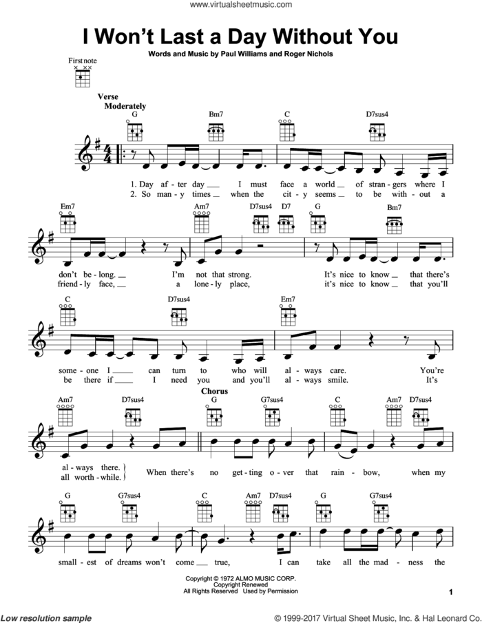 I Won't Last A Day Without You sheet music for ukulele by Carpenters, Paul Williams and Roger Nichols, intermediate skill level