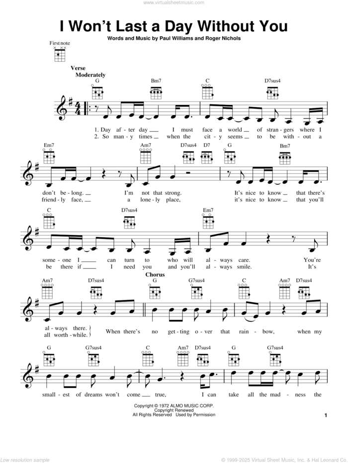 I Won't Last A Day Without You (from The Daily Ukulele) sheet music for ukulele by Carpenters, Paul Williams and Roger Nichols, intermediate skill level