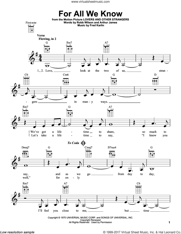For All We Know sheet music for ukulele by Carpenters, Fred Karlin, James Griffin and Robb Wilson, intermediate skill level