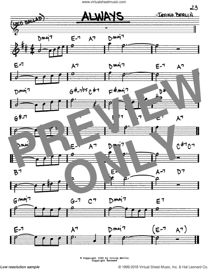 Always sheet music for voice and other instruments (in Eb) by Irving Berlin, Billie Holiday, Frank Sinatra and Patsy Cline, intermediate skill level