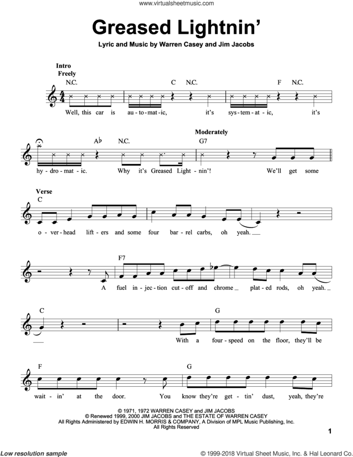 Greased Lightnin' sheet music for voice solo by Jim Jacobs and Warren Casey, intermediate skill level